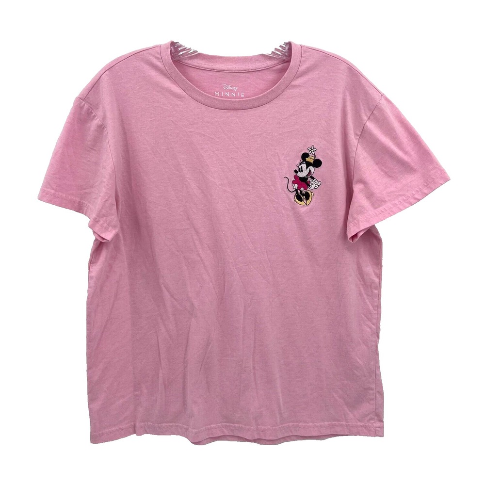 DISNEY Women's Sz M Pink Embroidered Minnie Mouse Short-Sleeve Crewneck T-Shirt